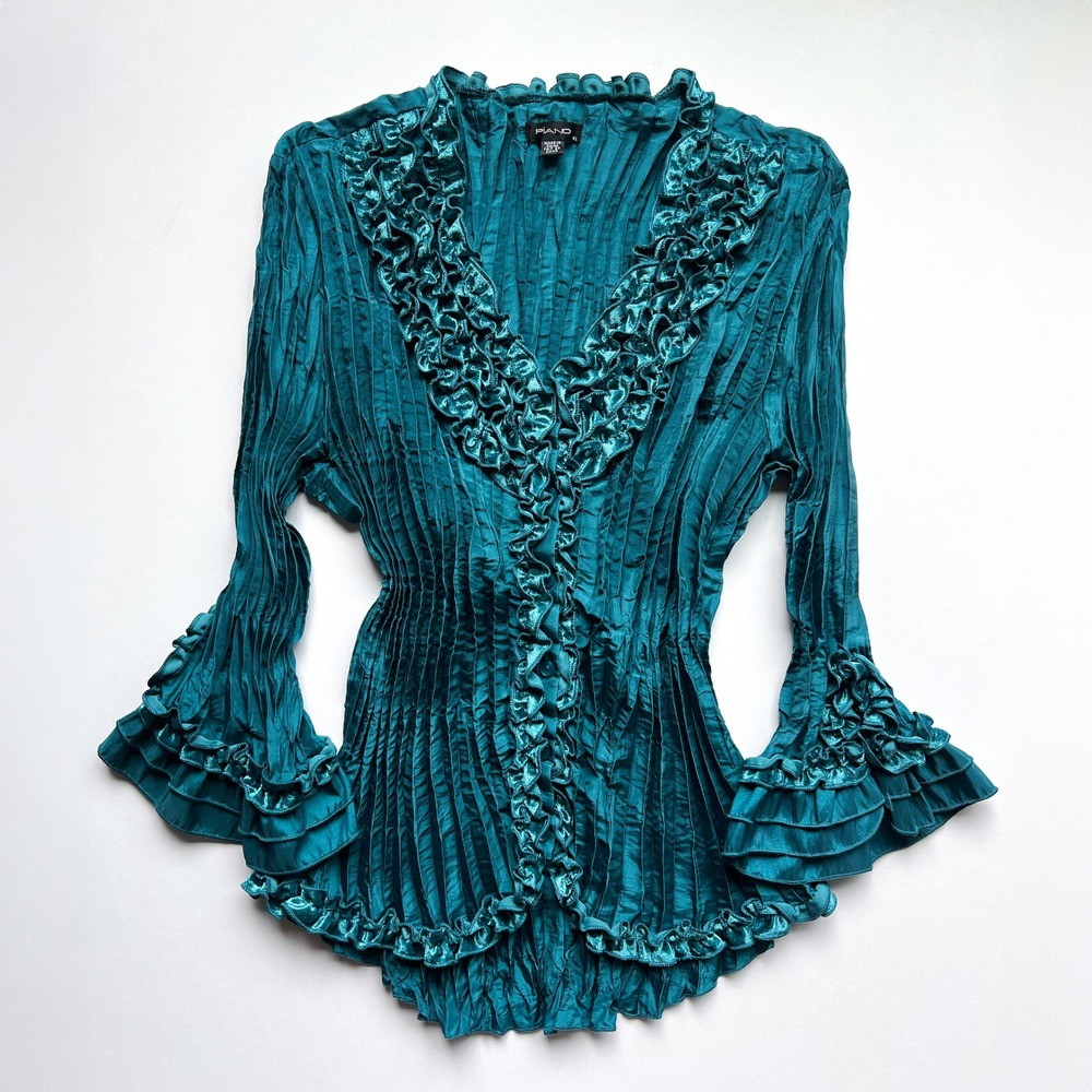 Y2K Piano Ruched Ruffle Teal Button-Up Blouse